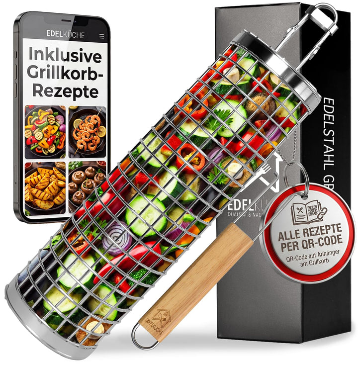EdelKüche Premium Grillkorb (XXL) aus Edelstahl für Gemüse und Fleisch | Rund, Zylindrisch | Grillzu