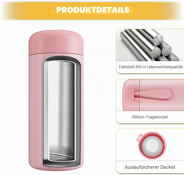 Exllena 300 ml kleine Wasserflasche aus 304 Edelstahl, kleine Flasche mit Tragegriff, doppelwandige
