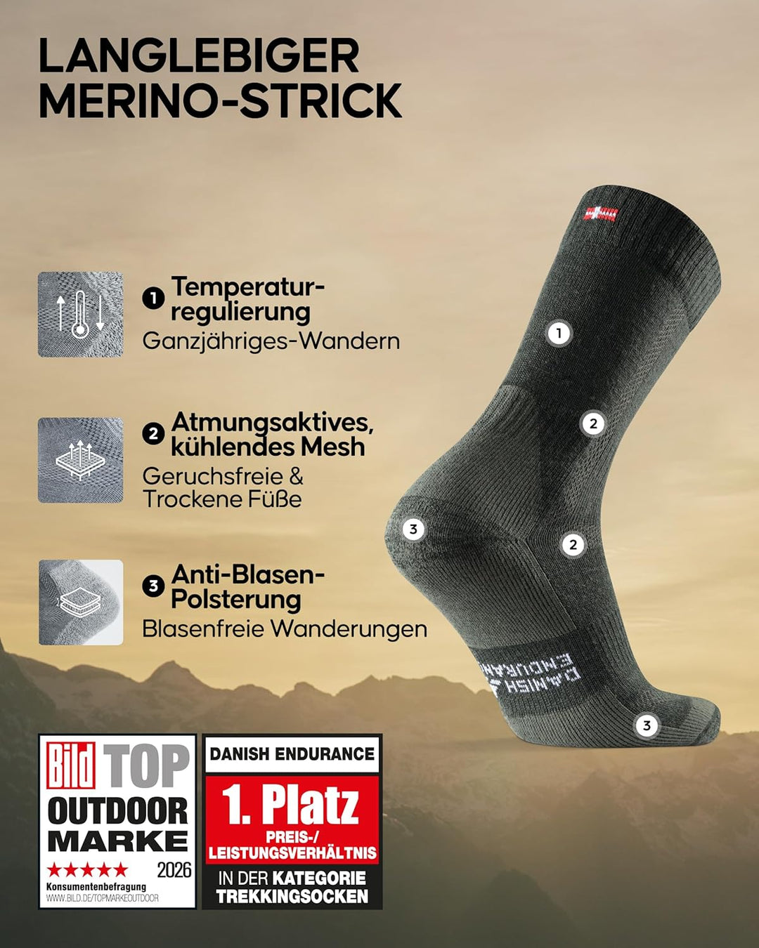 DANISH ENDURANCE Merino Wandersocken, Sommer Trekkingsocken, Merinowolle Socken, Atmungsaktiv & Star