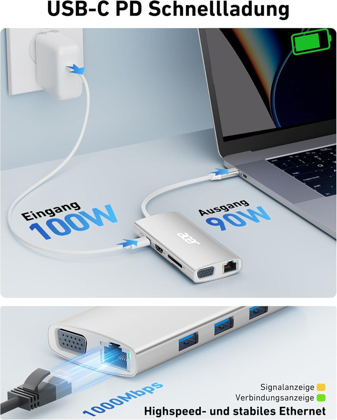 Acer USB-C-Hub mit 4K HDMI, 9-in-1-USB-C-zu-Ethernet-Adapter, 5-Gbps-USB-A-3.1-Dockingstation, PD-10