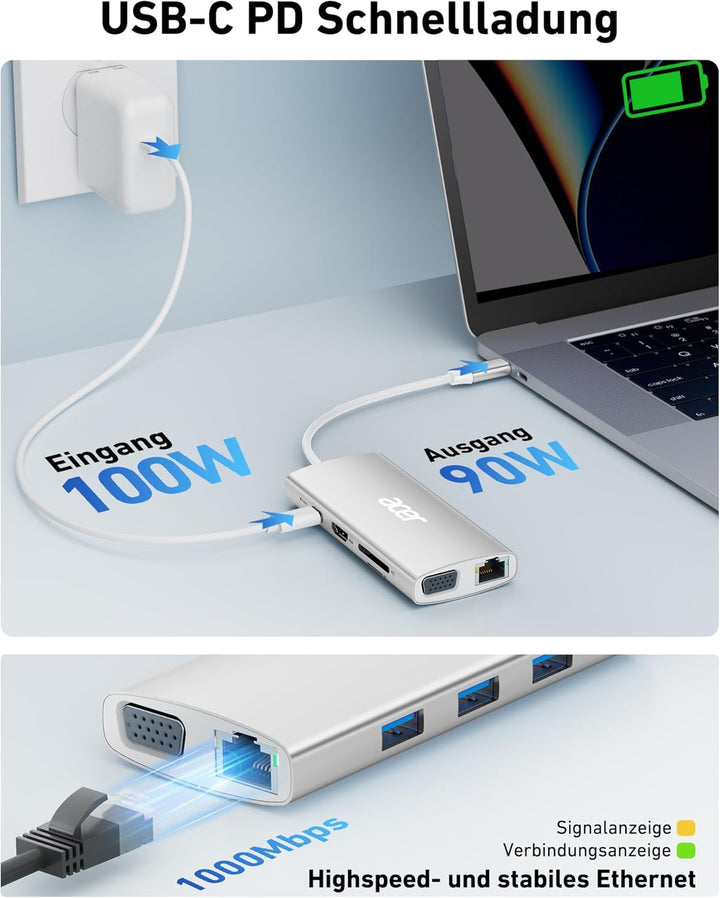 Acer USB-C-Hub mit 4K HDMI, 9-in-1-USB-C-zu-Ethernet-Adapter, 5-Gbps-USB-A-3.1-Dockingstation, PD-10