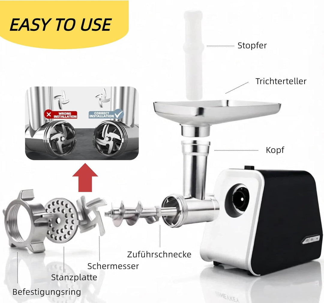 Nictemaw 2000W Elektrischer Fleischwolf Profi, 4-in-1 Fleischmaschine (1.8kg/min), inkl. Wurstfüller
