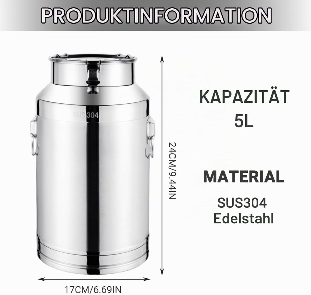 Milchdose 5 l Edelstahleimer mit Deckel und sicheren Schnalle und Hebezling-Rutschmilchkrug für Nahr