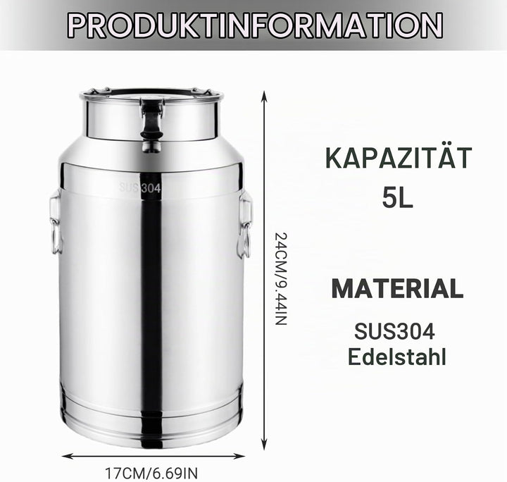 Milchdose 5 l Edelstahleimer mit Deckel und sicheren Schnalle und Hebezling-Rutschmilchkrug für Nahr