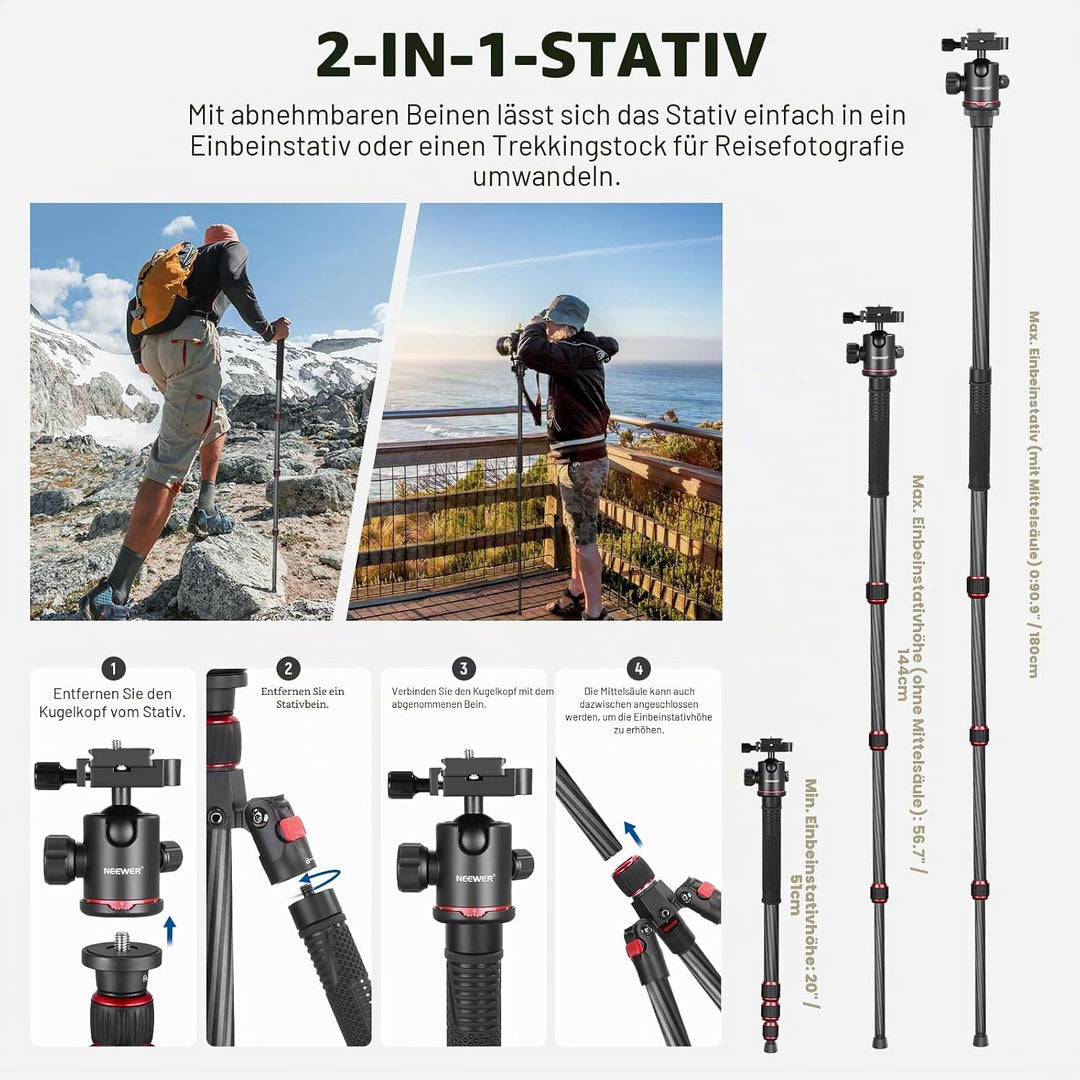 Neewer Kohlefaser 168 Zentimeter Stativ Einbeinstativ mit 360 Grad Kugelkopf, 1/4&