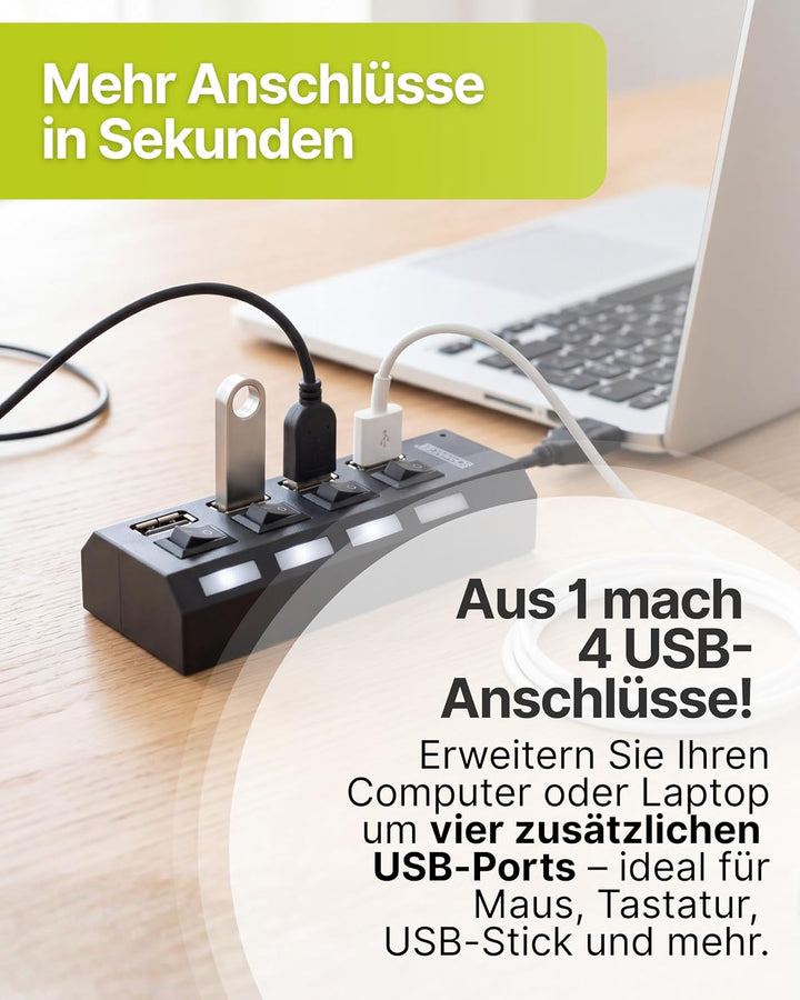SCHWAIGER UH4 013 USB Hub USB-Verteiler Leiste 4-Fach USB 2.0A HighSpeed 480 Mbit/s Steckerleiste LE