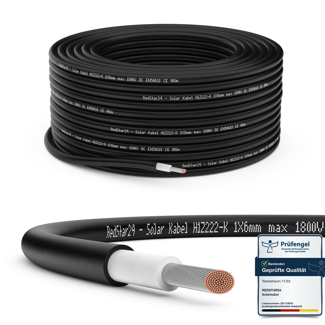 RedStar24 Solarkabel 6mm² Schwarz - 100m - TÜV-zertifiziert - UV-beständig, flexibel, Photovoltaik ,