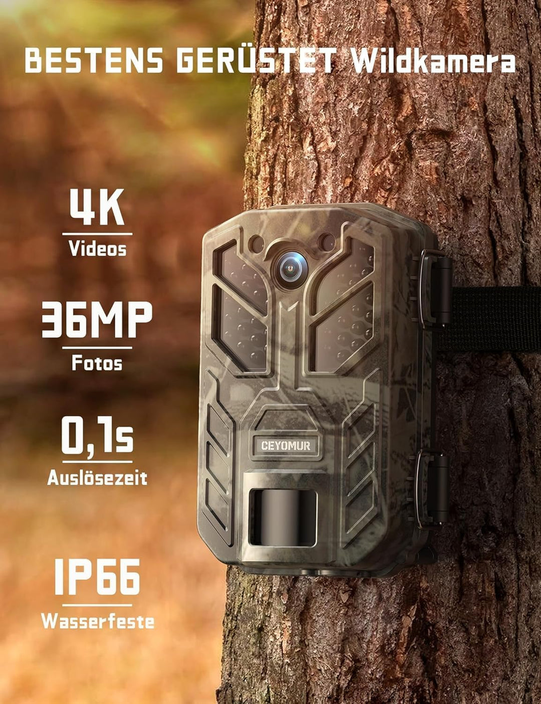 CEYOMUR Wildkamera, 4K 36MP HD Wildkamera mit Bewegungsmelder Nachtsicht, Wildtierkamera mit 2.0" LC