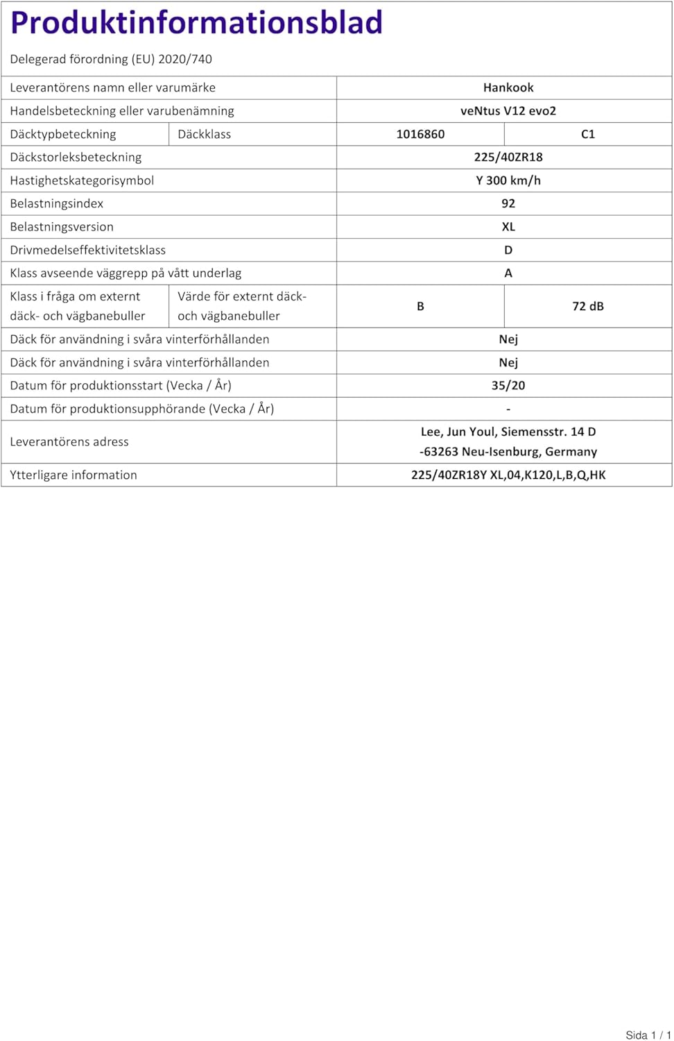 Hankook Ventus V12 evo2 K120 XL FR - 225/40R18 92Y - Sommerreifen
