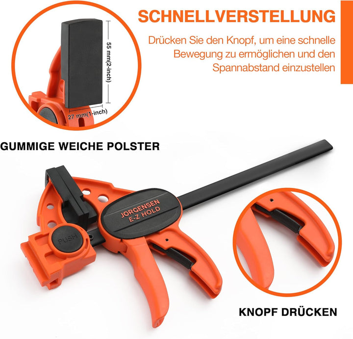 JORGENSEN Einhandzwingen 4 Stück, Profi Schraubzwingen Set 2 in 1 kombinierbar zum Spannen Dehnen, S