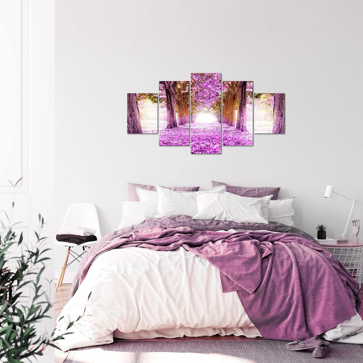 Runa Art Bild Schlafzimmer Wohnzimmer Wald Landschaft 5 Teilig Natur Violett Wandbilder auf Vlies Le