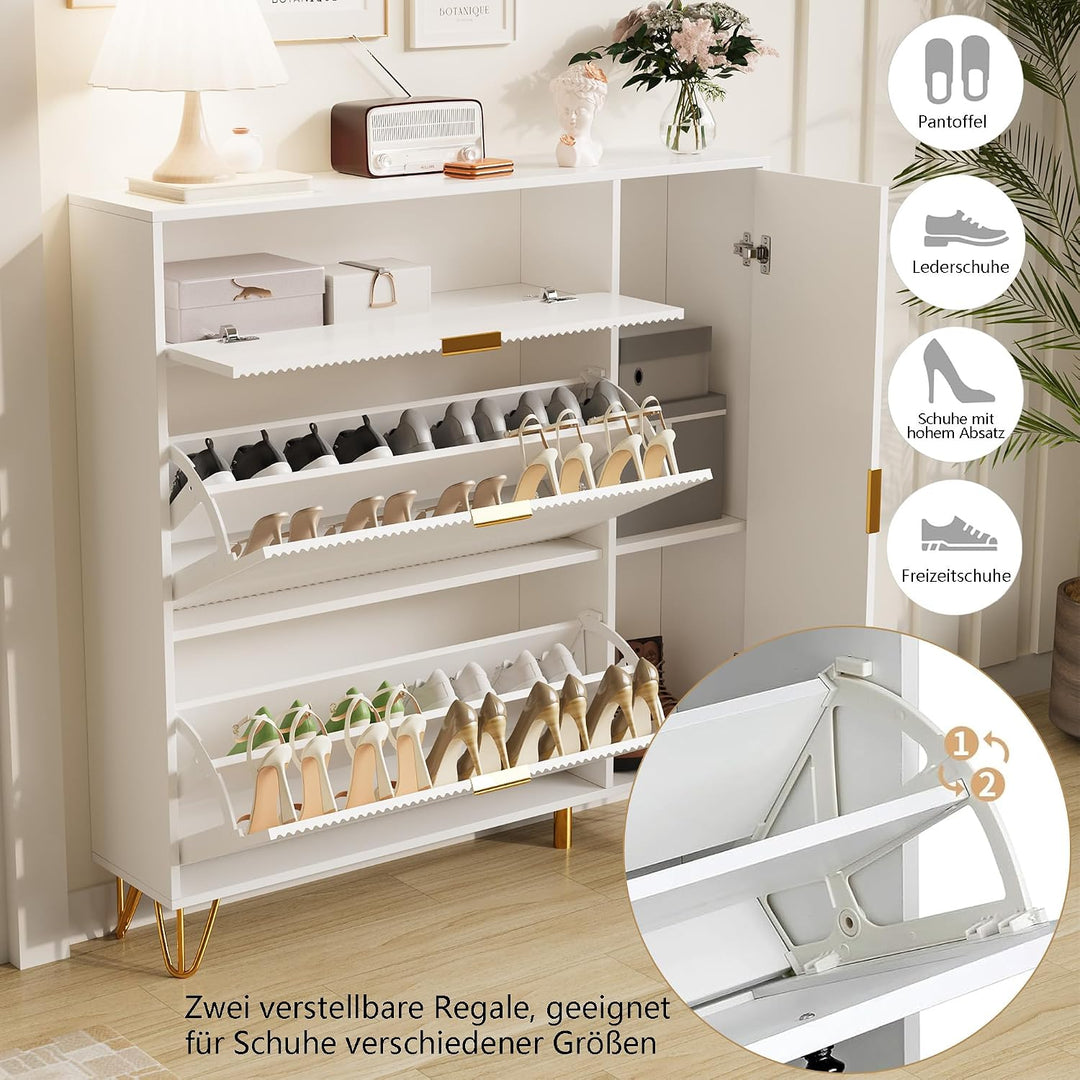 2er Set Schuhschrank mit 2 Klappen und 2 Türen, Weiss Schuhregal Schuhkipper Schmal, Anti-Kipp-Vorri