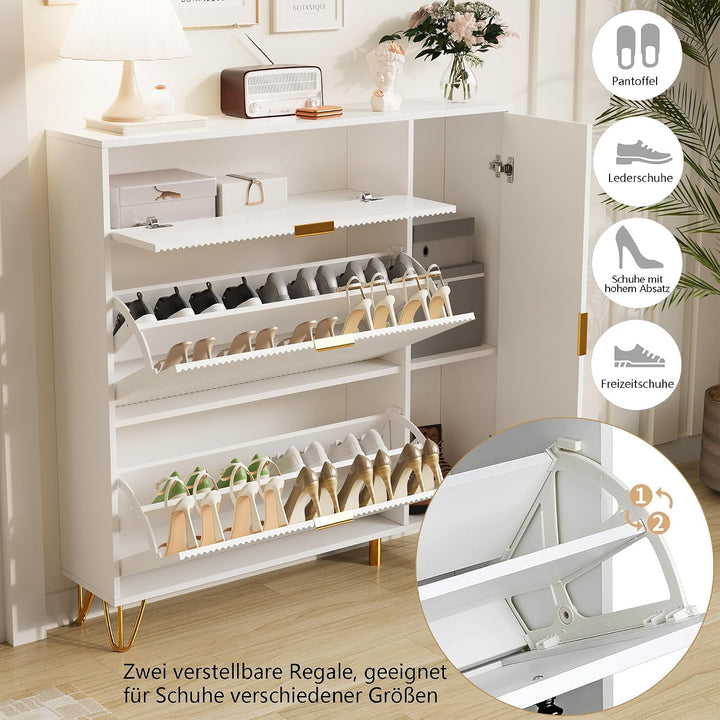 2er Set Schuhschrank mit 2 Klappen und 2 Türen, Weiss Schuhregal Schuhkipper Schmal, Anti-Kipp-Vorri