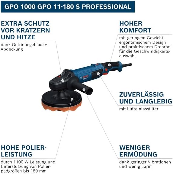 Bosch Professional Polierer GPO 11-180 S (inkl. 1x Backing Pad 180 mm, 1x Polierschwamm 180 mm,1x Zu