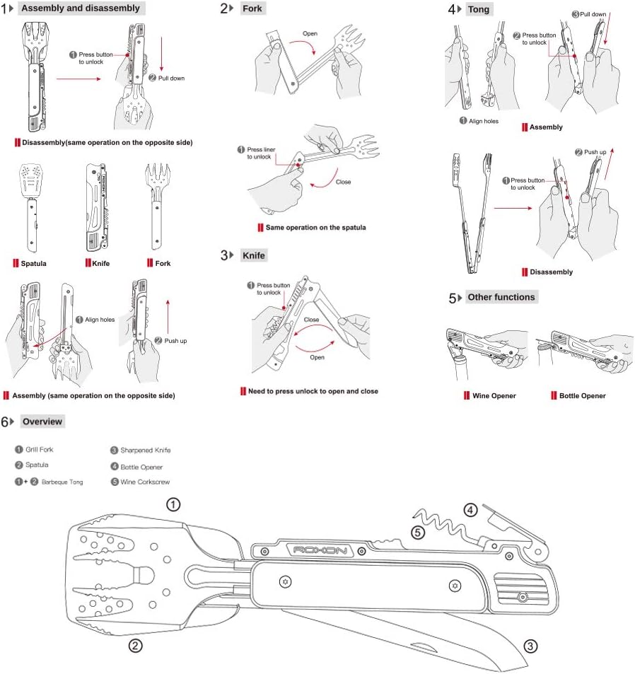 Roxon MBT3 6-in-1 Multifunktionales abnehmbares faltbares Grillwerkzeug-Set für Hinterhof-Grillen, B