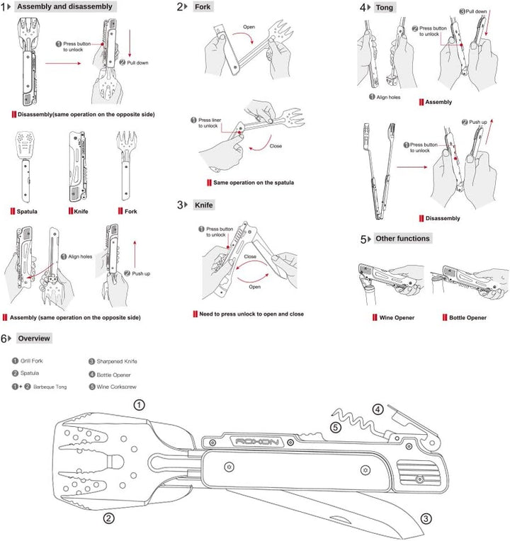 Roxon MBT3 6-in-1 Multifunktionales abnehmbares faltbares Grillwerkzeug-Set für Hinterhof-Grillen, B