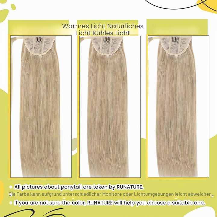RUNATURE Extensions Echthaar Zopf Blond Highlight 50cm Lang Haar Extensions Echthaar Zopf Remy Pferd