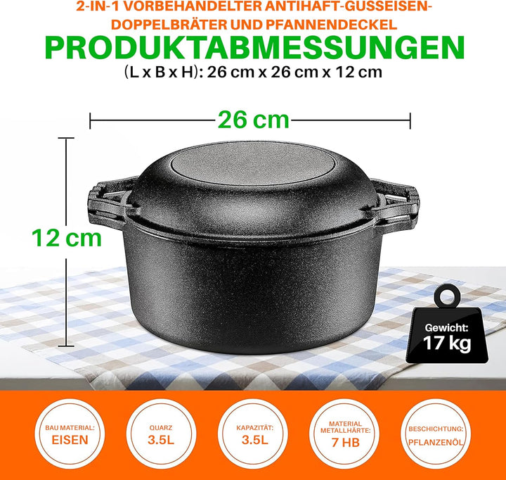 NutriChef Dutch Oven, 26cm- Gusseisen Topf mit Deckel – Brotbacktopf für Ofen, Grill & Outdoor BBQ,