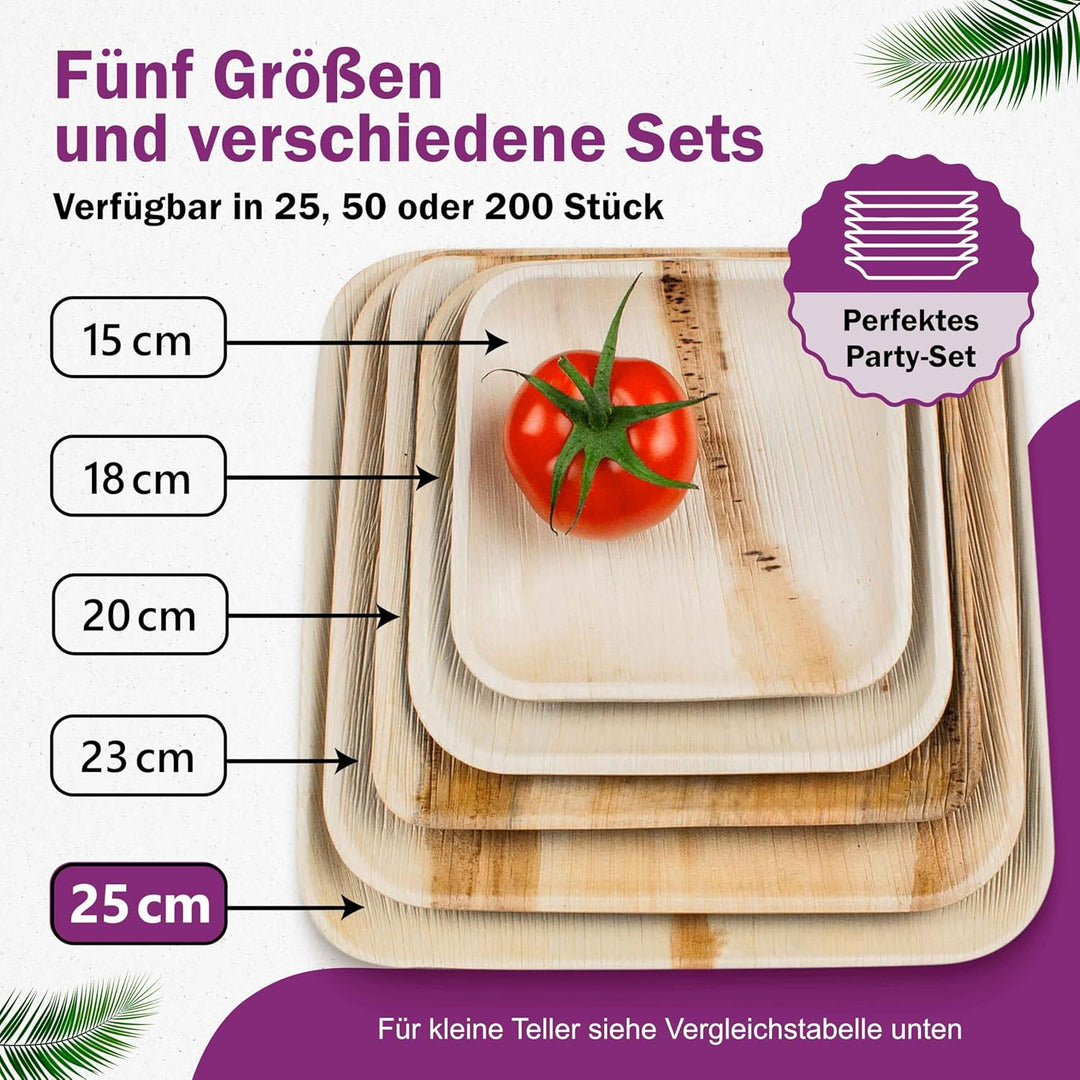 Waipur Bio Palmblattteller - 25 Teller Eckig 15x15 cm - Premium Einweggeschirr kompostierbar erh. in