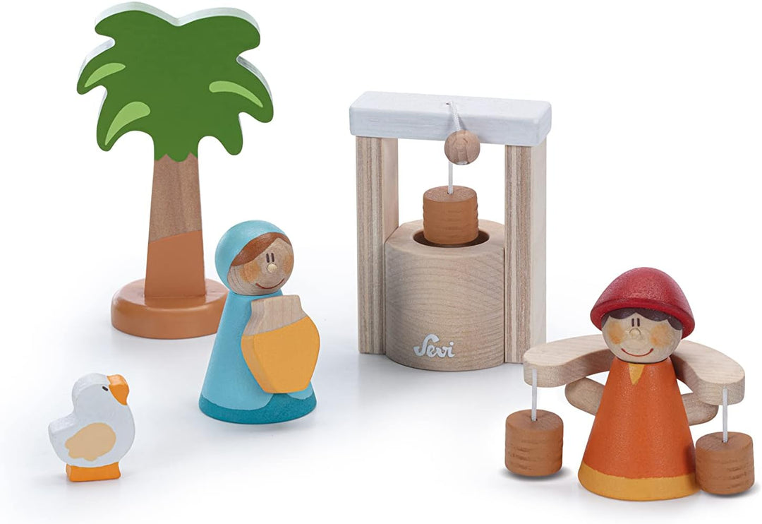 Sevi 83102 Krippen-Set Brunnen 6 teilig, Krippenzubehör aus Holz, Set zur Ergänzung der Weihnachtskr