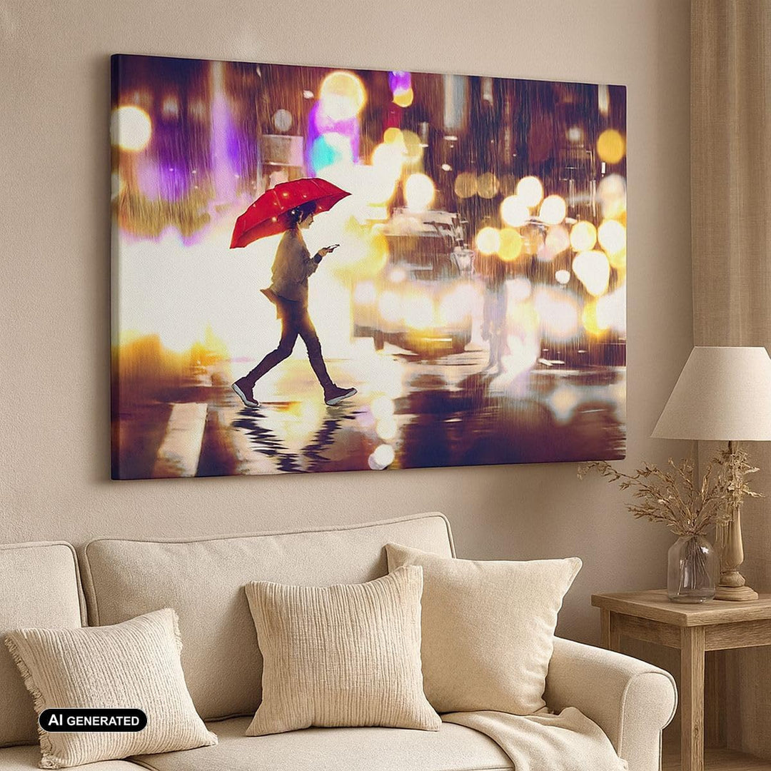 Bilder auf Leinwand 100x70cm Leinwandbild mit Rahmen Stadt Strasse Nacht Gross Wanddeko Bild Schlafz