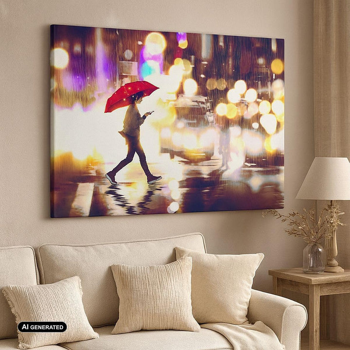 Bilder auf Leinwand 100x70cm Leinwandbild mit Rahmen Stadt Strasse Nacht Gross Wanddeko Bild Schlafz
