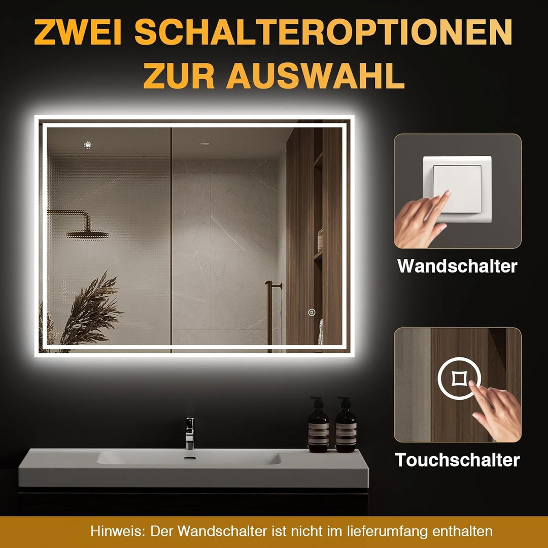 LED Badspiegel mit Beleuchtung – Badezimmerspiegel mit 3 Lichtfarben, Dimmbar, Anti-Beschlag, Touch/