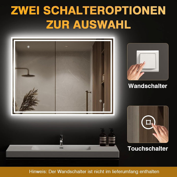 LED Badspiegel mit Beleuchtung – Badezimmerspiegel mit 3 Lichtfarben, Dimmbar, Anti-Beschlag, Touch/