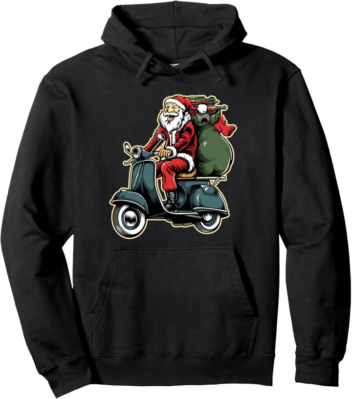 Funny Christmas Holiday Santa Claus Riding Motor Scooter Pullover Hoodie