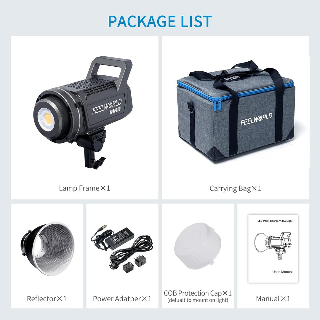 FEELWORLD FL225D 5600K Tageslicht Videostudioleuchte 225W Dauerlicht CRI96+ TLCI97+ 675001ux@1m für