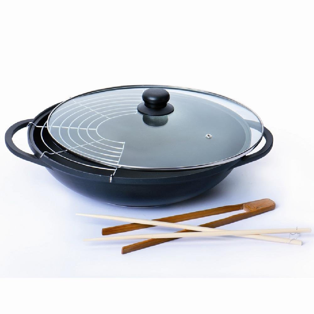 Aluguss Wok Leipzig mit Glasdeckel und Zubehör, Ø 36 cm
