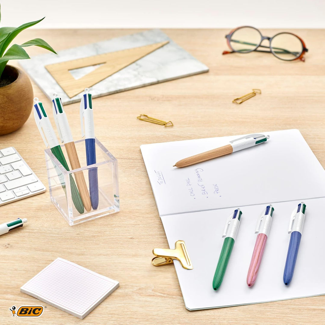 BIC 4 Farben Kugelschreiber Set 4 Colours Wood Effect, 5er Pack, in Holzoptik, nachfüllbar, Ideal fü