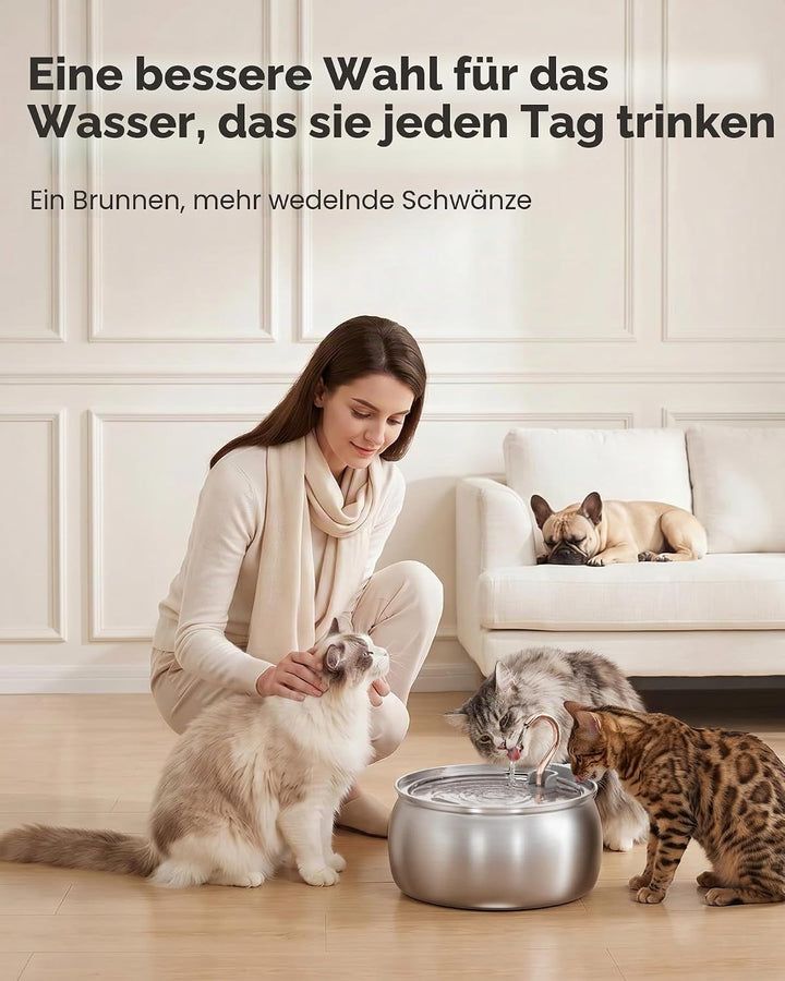 Tomxcute Katzenwasserbrunnen, 4,0 l, automatischer Edelstahl-Haustierbrunnen, Hundewasserspender, Ul