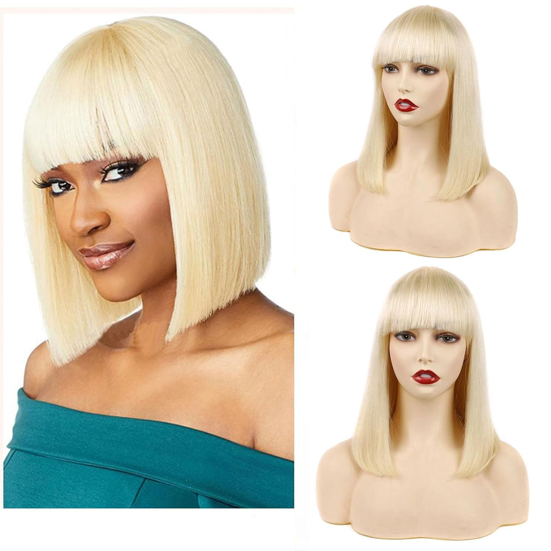Huarisi 613 Straight Bob Wigs Human Hair with Bangs, 12 Inch Short Blonde Wigs None Lace, 8a Grade B