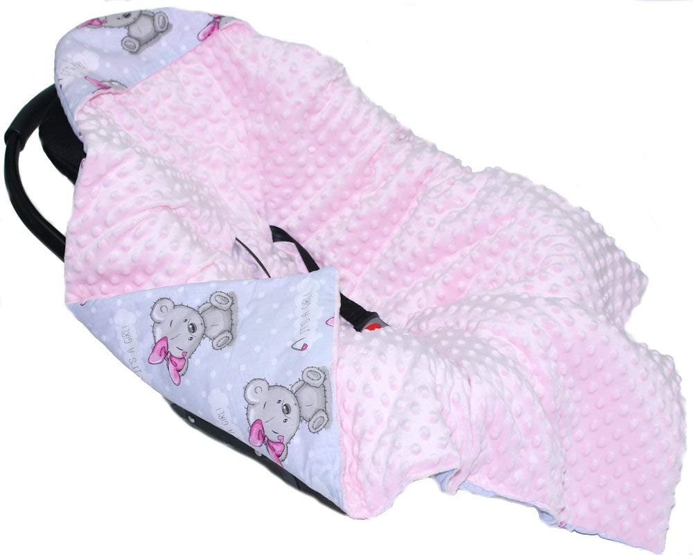 Baby Einschlagdecke MINKY - BOY GIRL - mit Kapuze 90x90 cm Babyschale Decke (GIRL + ROSA), Girl + Ro
