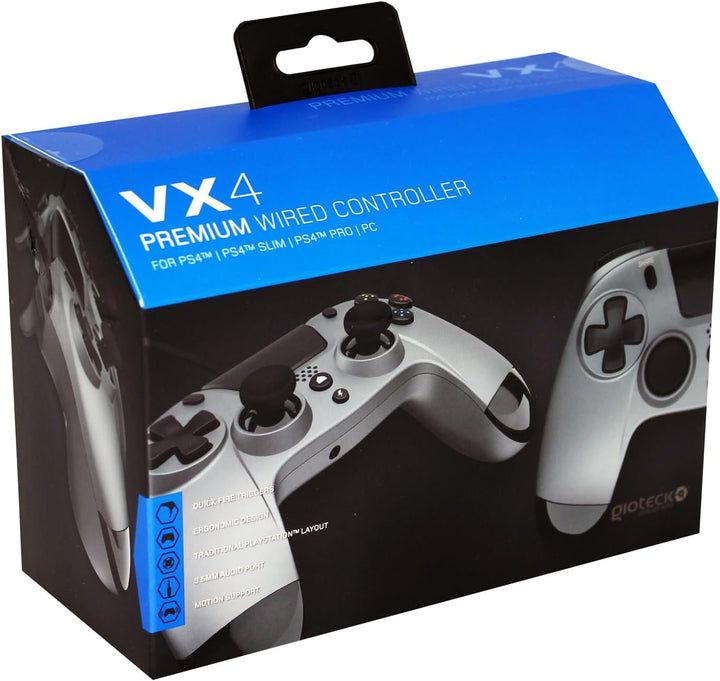 Gioteck - VX4 Verkabelter Controller Titanium für PS4 und PC Gamepad, Joystick Ergonomisches Design
