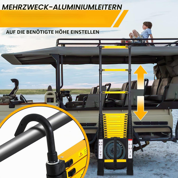 Joparri Aluminium Teleskopleiter mit Abnehmbarem Haken, 3.8M Ausziehbare Leiter, Rutschfester Alulei