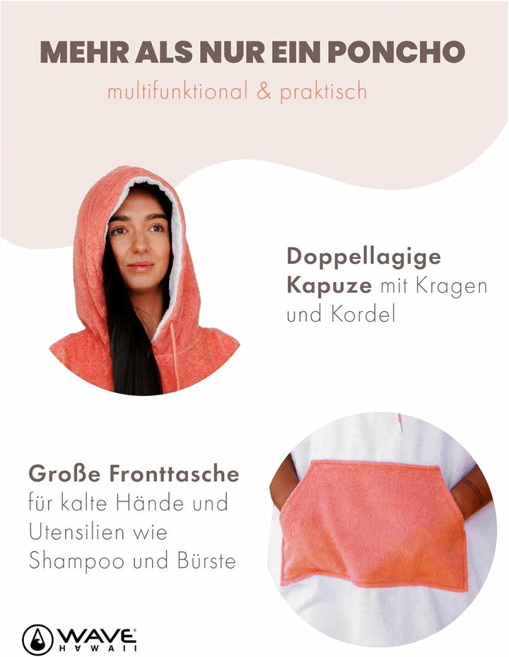 WAVE HAWAII Bade-Poncho Damen & Herren| Grösse M 160-190cm I 95% Baumwolle Surf-Poncho für Erwachsen