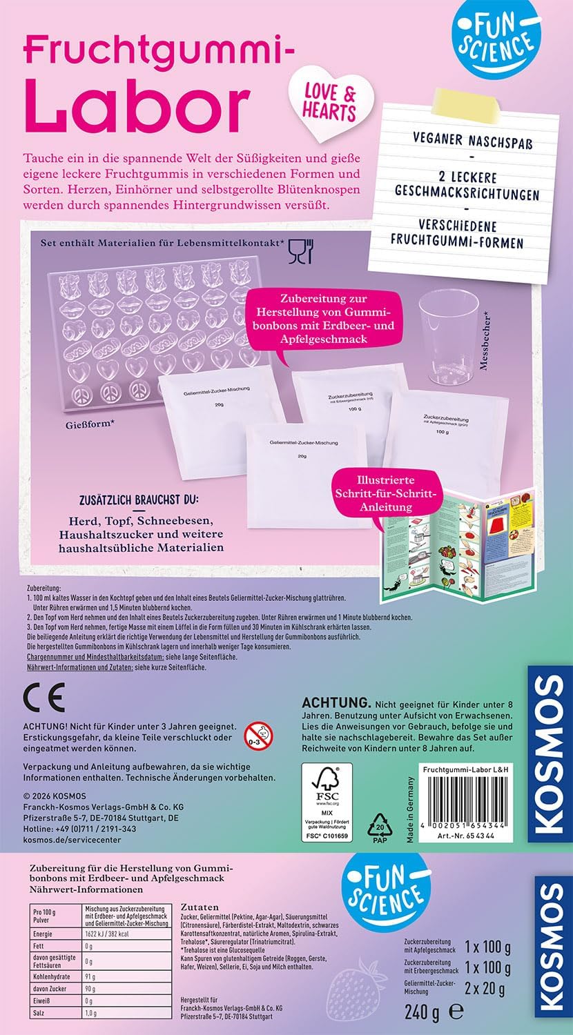 KOSMOS 654344 Fun Science Fruchtgummi Labor Love & Hearts – Experimentierkasten zum Fruchtgummi selb