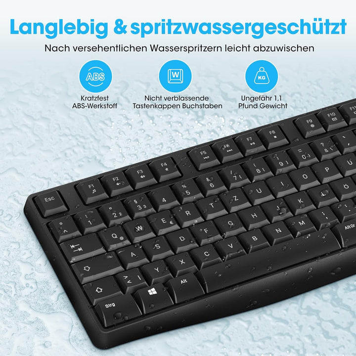 KOORUI Deutsches QWERTZ Tastatur-Maus-Set, 12 Funktionstasten, Schwarz Schwarz-Kabel Kabel, Schwarz-