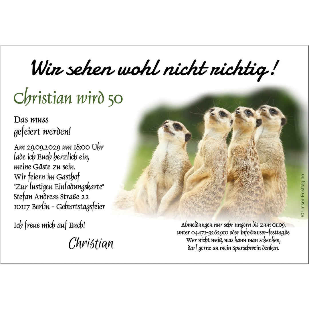 Geburtstagseinladung für jedes Alter - eigener Text wird eingedruckt. Motiv Erdmännchen wir sehen wo