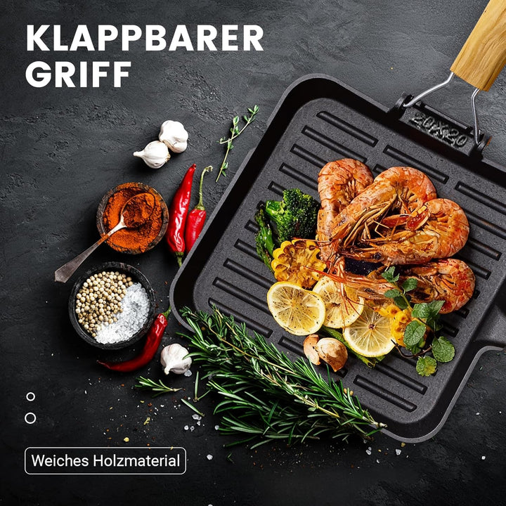 Steakpfanne Gusseisen Grillpfanne Klappbarer Holzgriff: 20×20cm Grill Pan Induktion Viereckige Pfann