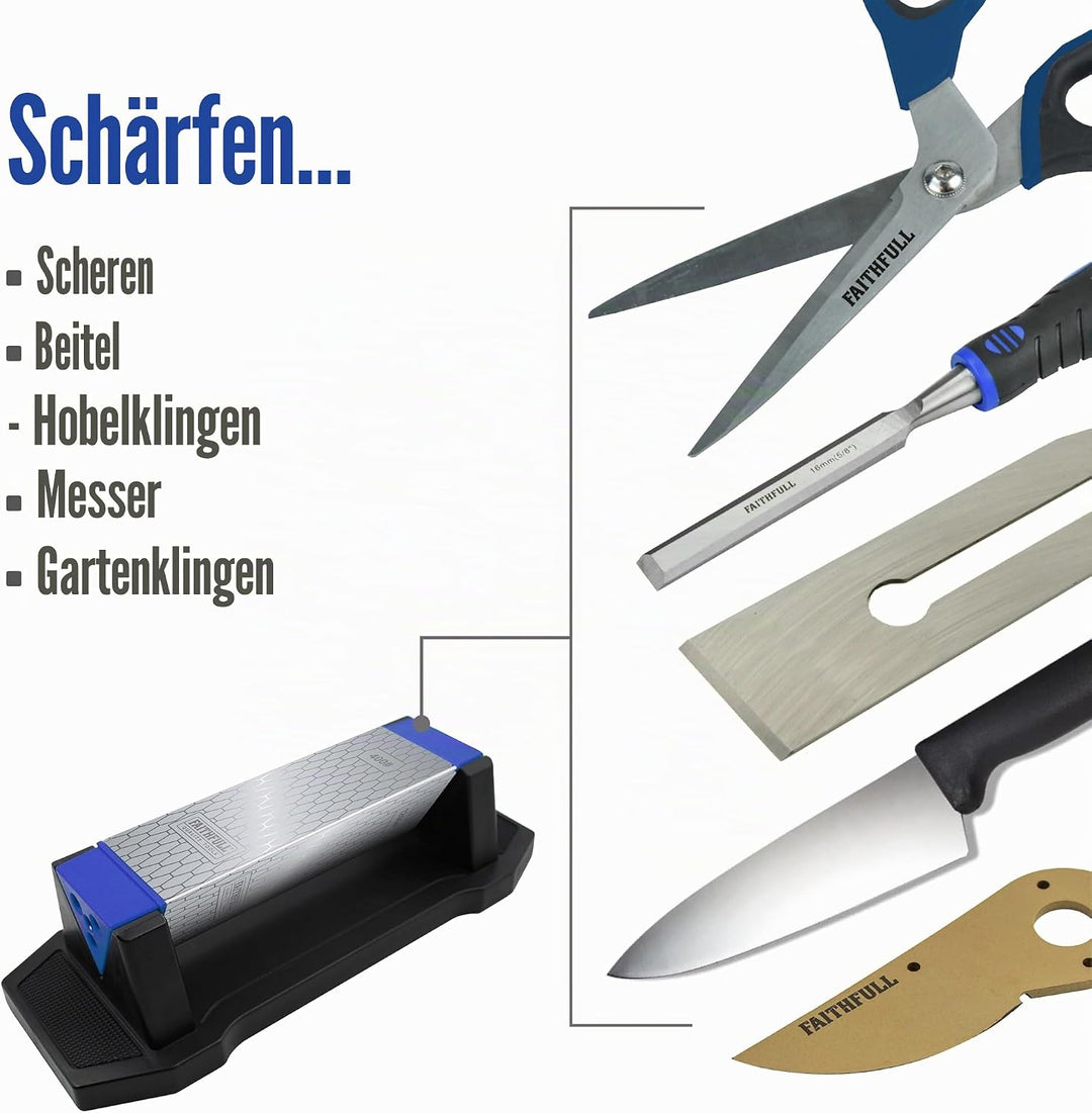 Faithfull Diamant-Schleifstein-Set – Dreieckiger Schleifstein mit Körnung 400, 1000 und 1200, Messer