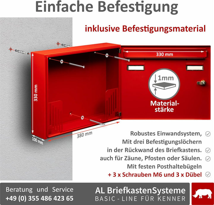 AL Briefkastensysteme Basic 3er Briefkasten RAL 3000 Feuer Rot 3 Fächer DIN A4 wetterfest Briefkaste