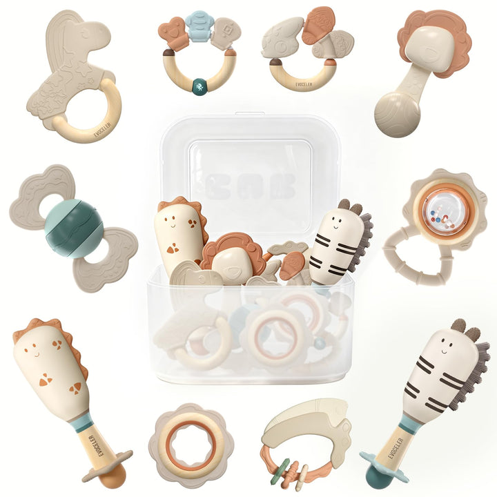 Evoceler Baby Rassel Beissring Set, Baby Spielzeug 0-6 Monate, Sensorik Montessori Spielzeug, Shaker