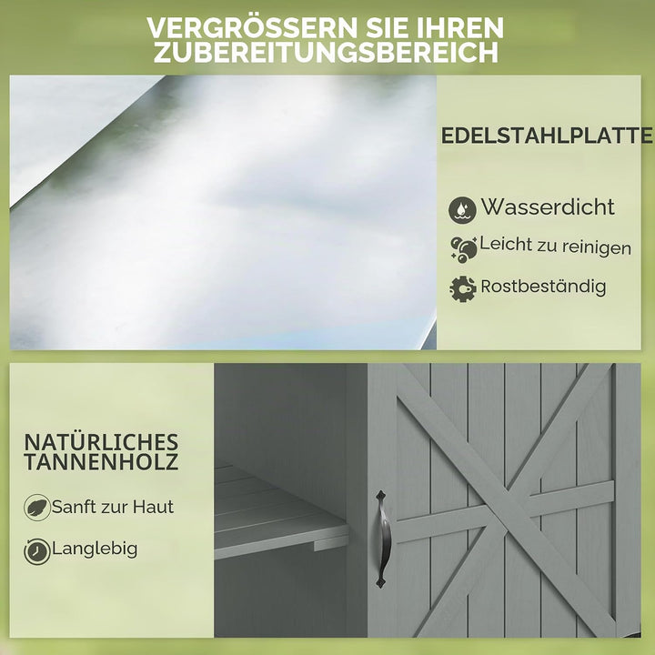 Outsunny Gartenwagen Grillwagen auf Rollen Kücheninsel aus Holz Edelstahlplatte Schrank offene Regal