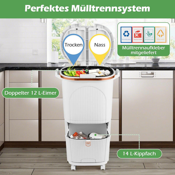 COSTWAY Mülleimer Küche, Mülltrennsystem 3 Fächer, 2 x 12L Inneneimer & 14L Treteimer, Abfalleimer m