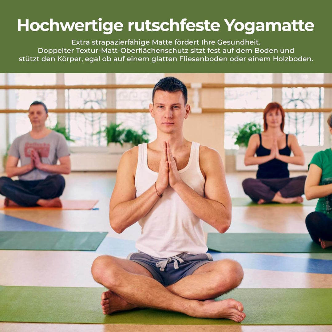 Habib Yogamatte Set mit Yogablöcken – Rutschfeste gepolsterte Fitnessmatte inkl. Tragetasche mit Sch