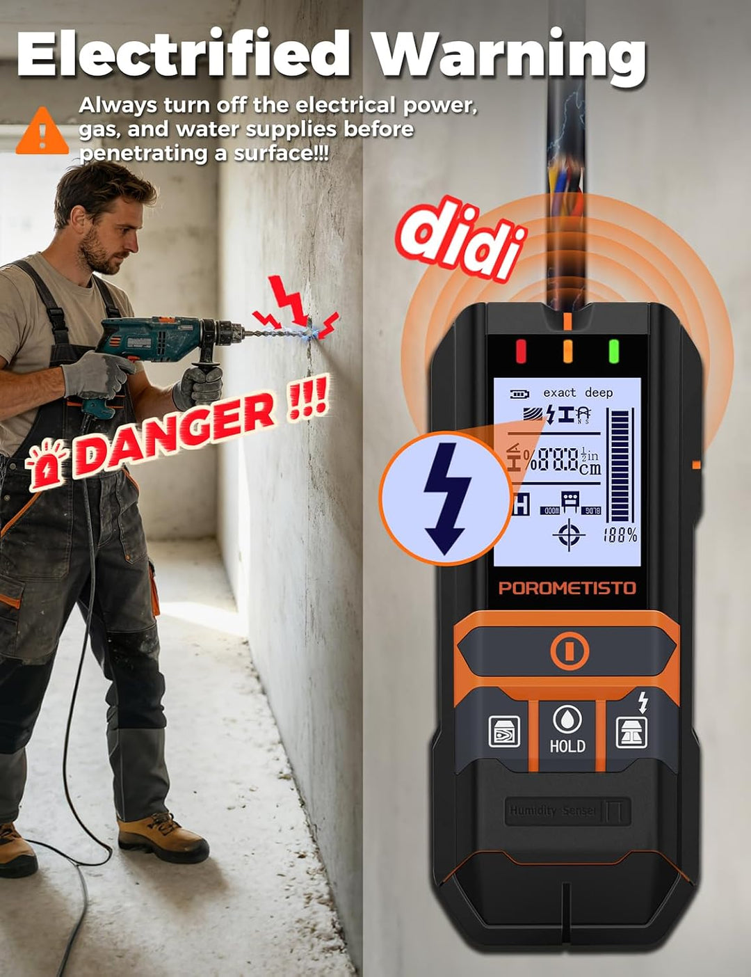 2-in-1 Stud Finder mit Feuchtemesser DSF06 für Holz, Metall, AC-Kabel | Wandscanner Metallortungsger
