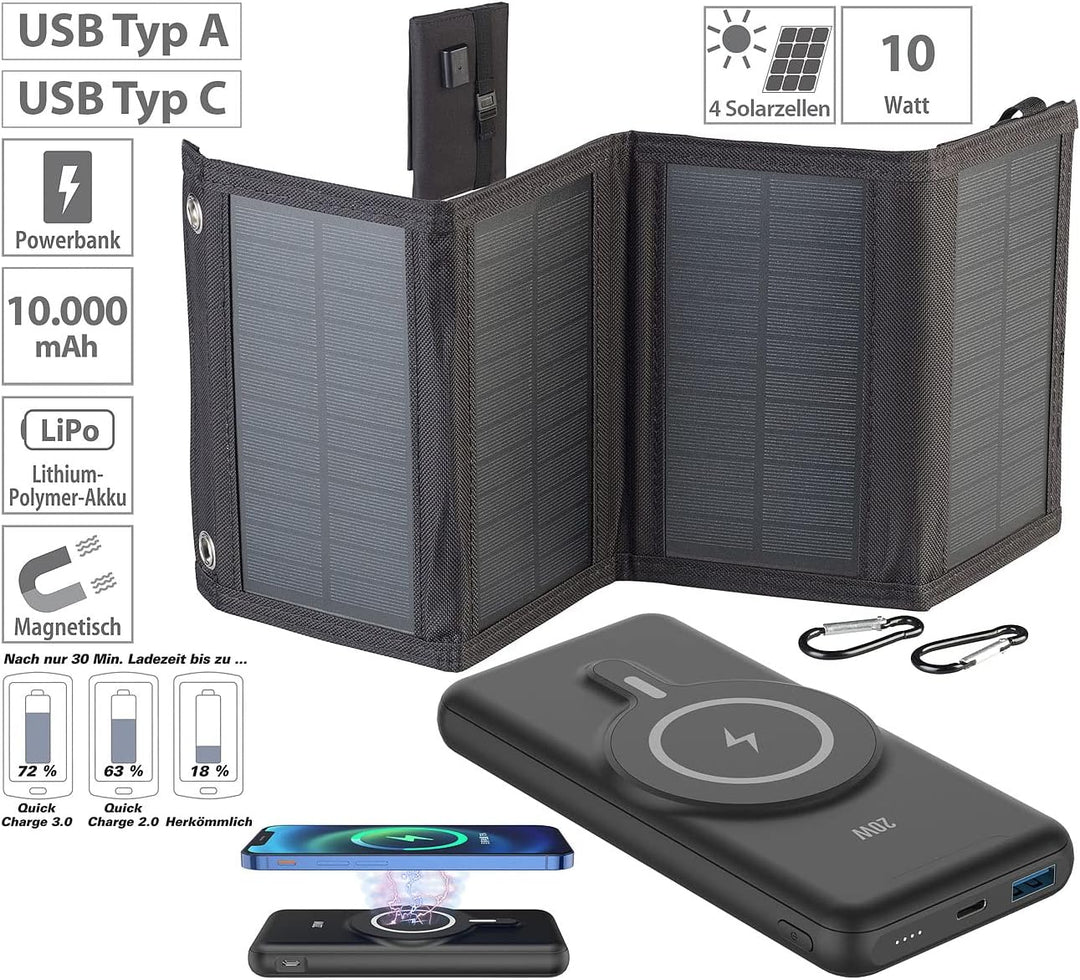 revolt Solar-Powerbank Qi: Magnetische Powerbank + Falt-Solarpanel, 10.000 mAh, für Qi & MagSafe (So